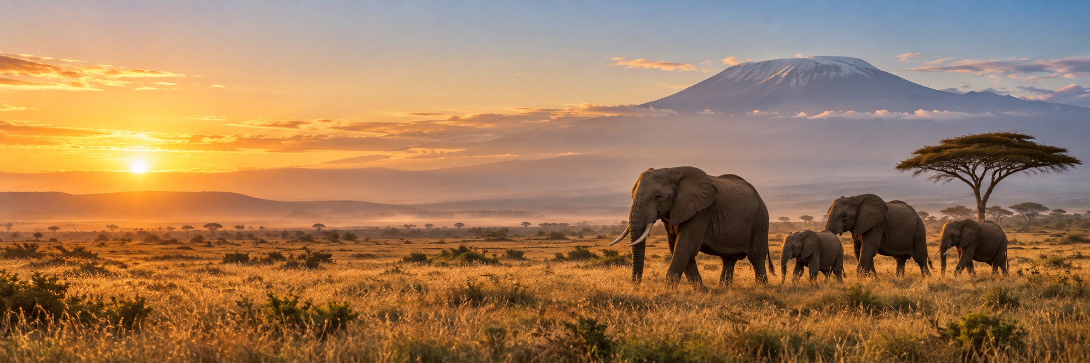 Elephants crossing the Tanzanian savannah at sunrise